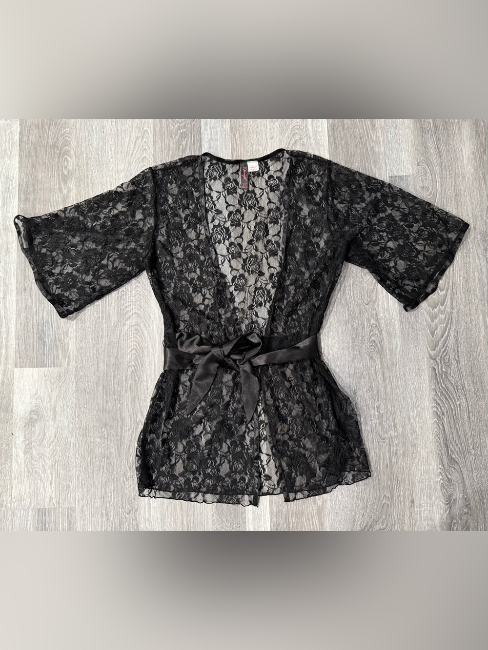 Dreamgirl Sheer Black Floral Lace Boudoir Kimono Short Robe With Satin Tie Belt